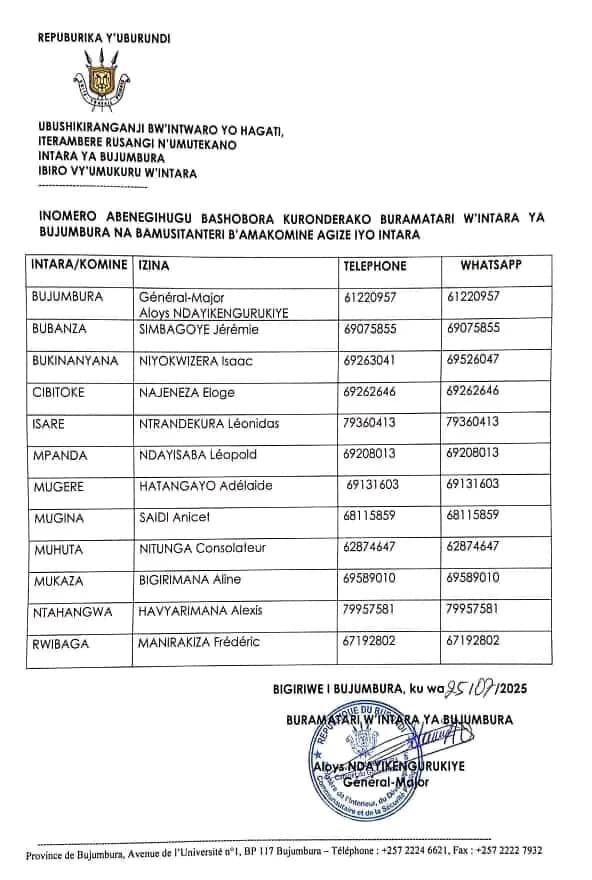Irebe FM (@irebefm) on Twitter photo 📞 Voici la liste des numéros utiles pour les citoyens de <a href="/Bujaprov2025/">Province de Bujumbura</a> souhaitant joindre les autorités locales. Elle comprend les contacts du Gouverneur et des 11 administrateurs communaux.
Un outil pour renforcer proximité et transparence. #Burundi #ServicePublic
#irebefm 📞 Voici la liste des numéros utiles pour les citoyens de <a href="/Bujaprov2025/">Province de Bujumbura</a> souhaitant joindre les autorités locales. Elle comprend les contacts du Gouverneur et des 11 administrateurs communaux.
Un outil pour renforcer proximité et transparence. #Burundi #ServicePublic
#irebefm