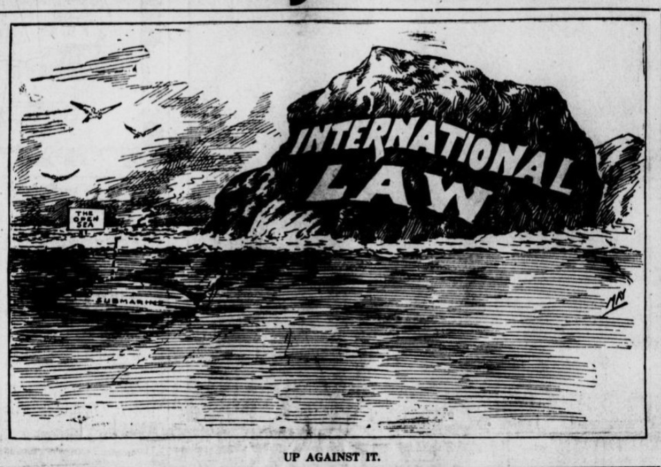 ThisDayInWWI's tweet image. German military officials on U-Boat. Man on right possibly Alfred von Tirpitz
Detroit Times Jul 26 1915 Subs Up Against International Law
The Topeka State Journal Jul 20 1915 prints this E. A. Bushnell cartoon
She's only a Norwegian Steamer Sir!
Go Ahead and Blow her up then