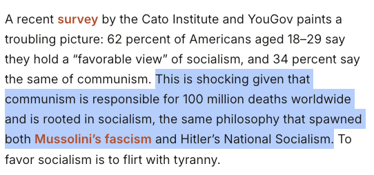 joewrote's tweet image. CATO asked young Americans if they liked socialism. 62% said yes. The authors got so triggered that they immediately dove into Holocaust revisionism.