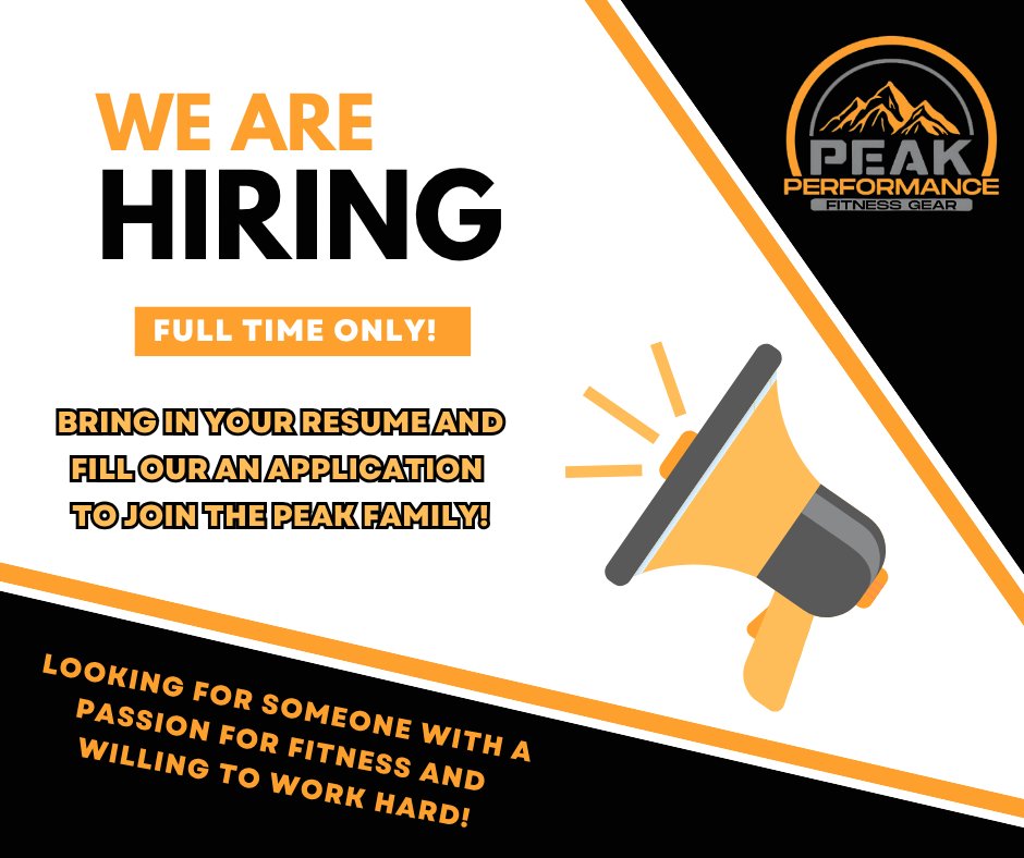 Exciting News! We’re HIRING at Peak Performance Fitness Gear in Sioux City! If you're passionate about fitness and ready to take your career to the next level, we want to hear from you! Join our dynamic team, and don’t worry—we’ll provide all the training you need to succeed.