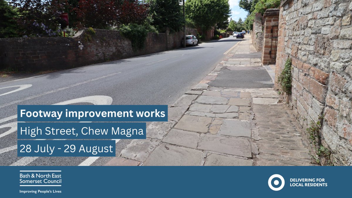 bathnes's tweet image. We're making improvements to footways in High Street, Chew Magna.
🗓️ 28 July - 29 Aug
⛔ High Street & Harford Square closed 24/7
➡️ Diversion route in place - one.network/?GB143506115
For more information visit our Newsroom: newsroom.bathnes.gov.uk/news/high-stre…