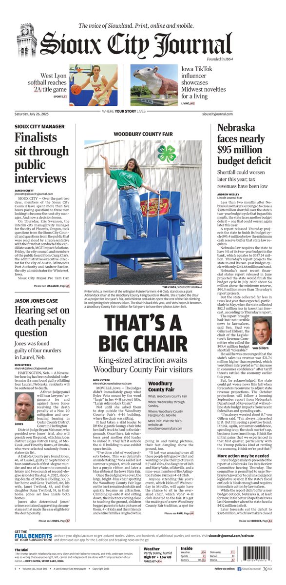 scj's tweet image. From our July 26 issue: King-sized attraction awaits Woodbury County Fair visitors; A look at state baseball and state softball; Iowa TikTok influencer showcases Midwest novelties; What did the three finalists for Sioux City Manager have to say about the job?; and more.