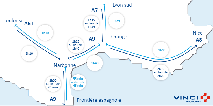 VINCIAutoroutes's tweet image. #VINCIAutoroutes vous informe sur vos conditions de circulation, pour #BienVoyager. #Infotrafic à 19h00 ⏱️ Vos temps de parcours sur @A7Trafic, @A8Trafic, @A9Trafic et @A61Trafic.