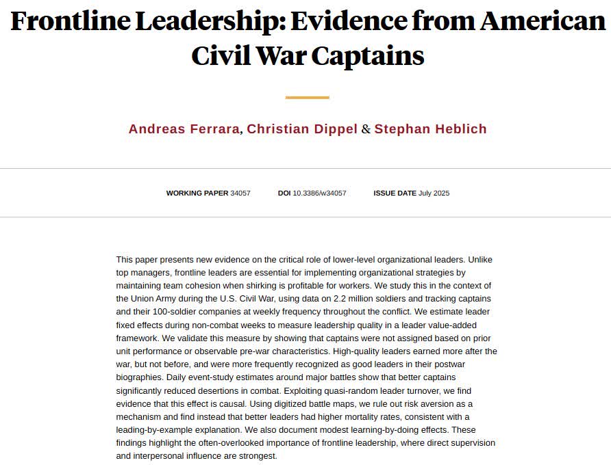 NBER (@nberpubs) on Twitter photo Frontline Union Army captains cut desertions and boosted cohesion through leading by example, earning postwar-wage gains and greater recognition, from <a href="/Andreas_Ferrara/">Andy Ferrara</a>, Christian Dippel, and <a href="/StephanHeblich/">Stephan Heblich</a> nber.org/papers/w34057 Frontline Union Army captains cut desertions and boosted cohesion through leading by example, earning postwar-wage gains and greater recognition, from <a href="/Andreas_Ferrara/">Andy Ferrara</a>, Christian Dippel, and <a href="/StephanHeblich/">Stephan Heblich</a> nber.org/papers/w34057