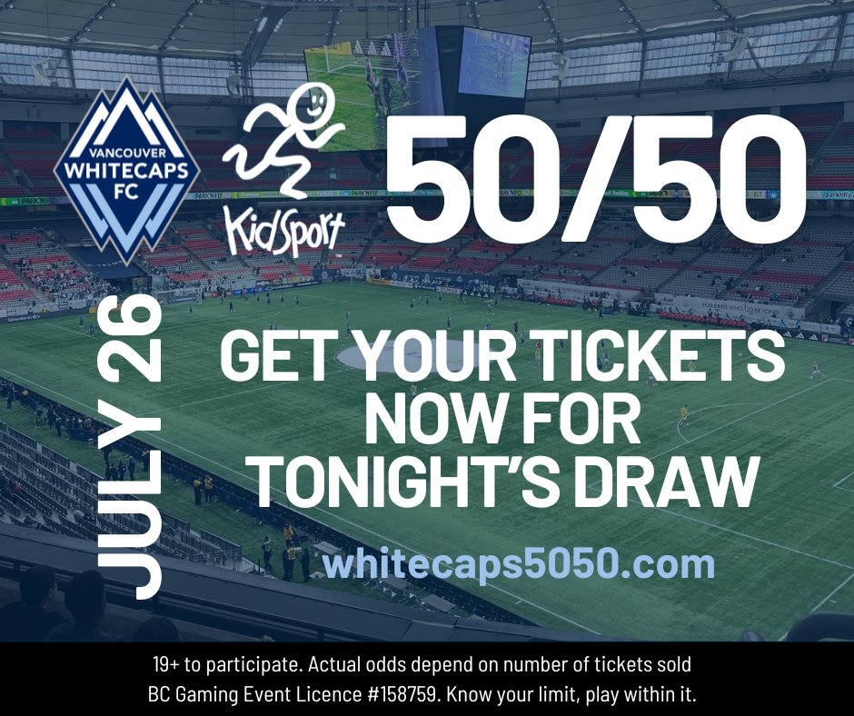 It's game day, Vancouver! 🔥 Get your 50/50 tickets now for tonight's draw at the <a href="/WhitecapsFC/">Vancouver Whitecaps FC</a> match💛

💰Half the jackpot goes to winner
⚽Help more kids get in the game

📍Get your tickets at the match or online at whitecaps5050.com

#SoALLKidsCanPlay #VWFC #5050raffle