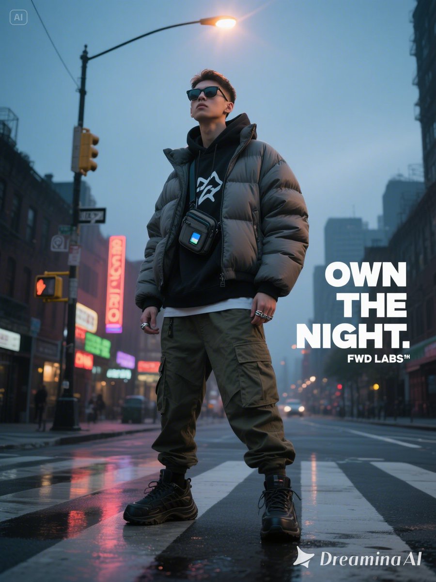 zakaghbalpro's tweet image. "OWN THE NIGHT."
An AI streetwear editorial.
A concept for "FWD LABS™."
Made with Dreamina.
→ A model on a city crosswalk at dusk.
→ Dramatic lighting, moody tones.
→ A powerful, cinematic vibe.
The future of fashion campaigns.