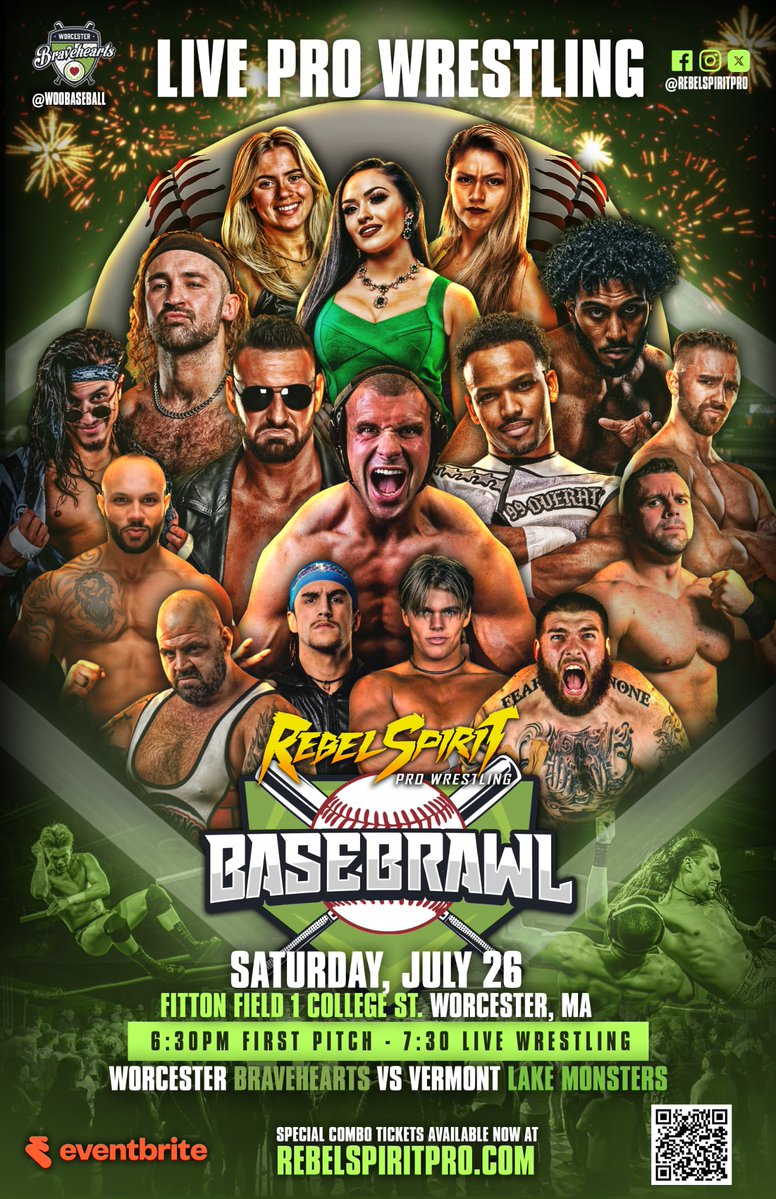 WooBaseball's tweet image. Tonight📷
An action-packed lineup at Fitton Field as the Bravehearts take on the Vermont Lake Monsters at 6:30, followed by live wrestling at 7:30 during the game underneath our left field tent!
Join us for BASEBRAWL in the most jam-packed night of the summer!
