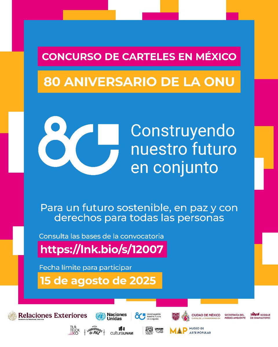 UNESCOMexico's tweet image. 🎨 ¡Tu creatividad puede hacer historia! Crea un cartel para movilizar a las personas hacia un futuro justo, en paz y sostenible.
📢✨Comparte y participa en el #ConcursoCartelONU80 de @ONUMX:
➡️ f.mtr.cool/cavwzeuwtn