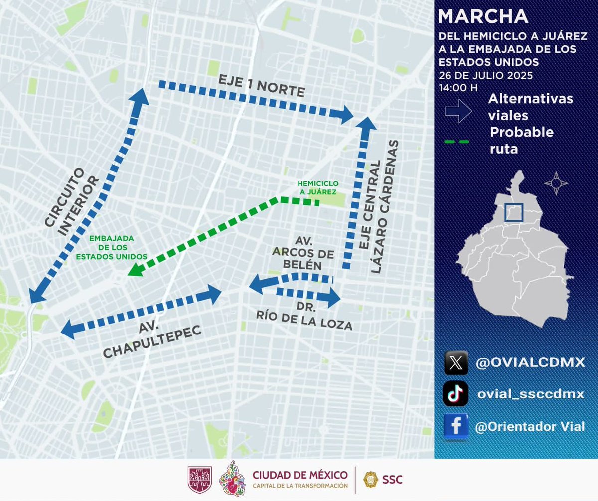 Hoy se realizará la Tercera Marcha Contra la Gentrificación del Hemiciclo a Juárez a la Embajada de EE.UU.
El <a href="/GobCDMX/">Gobierno de la Ciudad de México</a> desplegará un operativo de acompañamiento para garantizar una jornada pacífica y segura.
🚦Alternativas viales: Chapultepec, Eje Central, Circuito Interior.