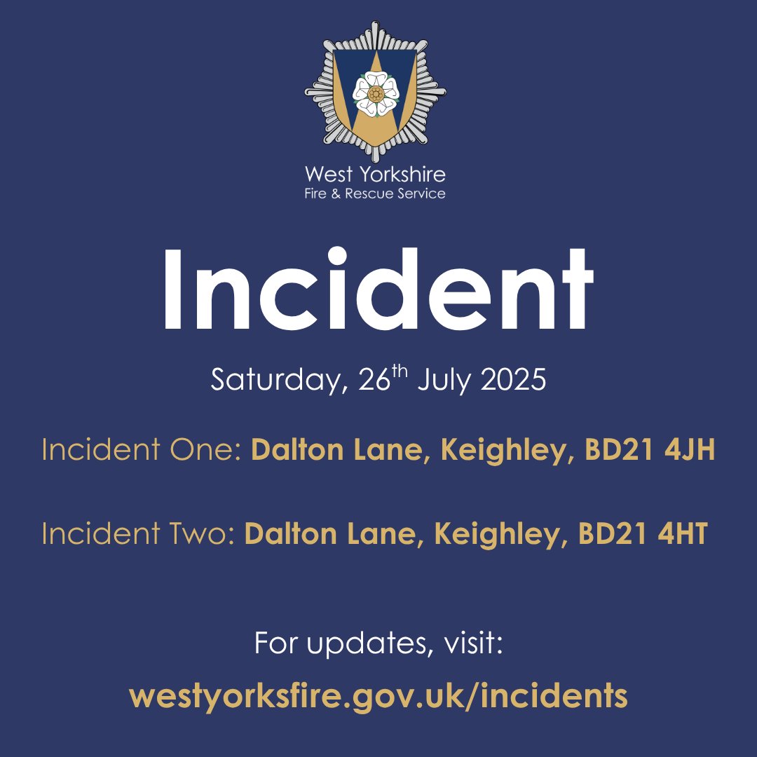Our crews are currently tackling two separate fires on Dalton Lane in #Keighley.

We’ve got multiple fire engines at the scene and we are working hard to bring both incidents under control.

Follow the link for incident updates: 🔗 orlo.uk/ti5M3

Thank you, #TeamWYFRS.