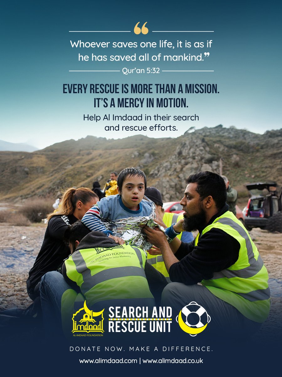 Saving lives isn’t just service—it’s worship.
“Whoever saves one life, it is as if he saved all of mankind.” (Qur’an 5:32)
Al Imdaad’s Search &amp; Rescue teams go where others can’t—to the edge of survival.
Support mercy. Support life.
#SavingLives #SearchAndRescue #AlImdaad