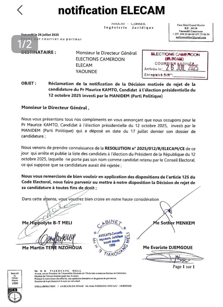 hippolytebtmeli's tweet image. Fin de la première manche!

&quot;Pluralité d&apos;investiture par le MANIDEM&quot;

C&apos;est le motif invoqué par Elections Cameroon  - Elecam pour rejeter la candidature du Pr Maurice KAMTO.