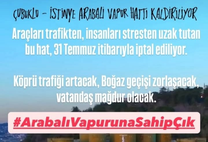 #ArabalıVapurunaSahipCik
<a href="/IBBcozummerkezi/">İBB Çözüm Merkezi</a> 
<a href="/Beykoz_Bld/">Beykoz Belediyesi</a> 
<a href="/4444154/">İBB Ulaşım Yönetim Merkezi</a> 
<a href="/UABakanligi/">T.C. Ulaştırma ve Altyapı Bakanlığı</a>