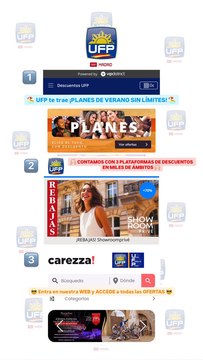 UFP_MADRID's tweet image. 🏖️ UFP te trae ¡PLANES DE VERANO SIN LÍMITES! 🏖️

🙌🏼 CONTAMOS CON 3 PLATAFORMAS DE DESCUENTOS EN MILES DE ÁMBITOS 🙌🏼

😎 Entra en nuestra WEB y ACCEDE a todas las OFERTAS 😎

🔗ENLACES: ufpol.org/ufp-ofertas

💙 Únete a nosotros:

ufpol.org/form-1