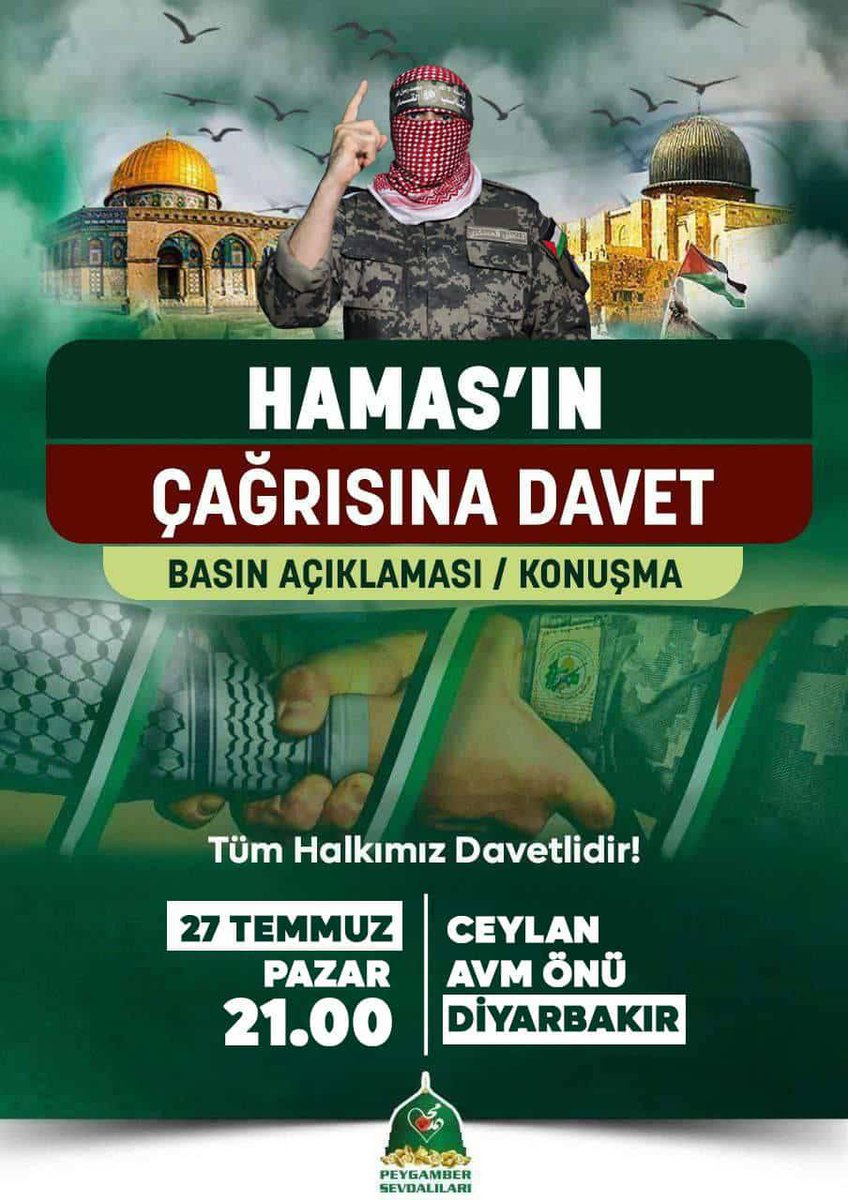 HAMAS'IN ÇAĞRISINA DAVET

Hamas'ın yaptığı küresel direniş çağrısına icabet ediyoruz. Vakfımızın düzenleyeceği basın açıklaması programına tüm halkımız davetlidir.
📅 27 Temmuz/Pazar
🕤 21:00
🔖 Ceylan AVM Önü
Diyarbakır