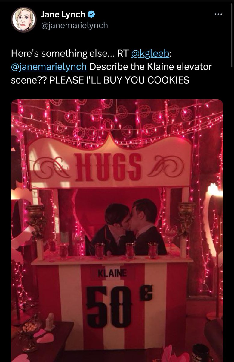 mine is that jane lynch did a q&amp;a on twitter and she replied to my question with a leak of sue’s klaine shrine. i had never been more confused in my life