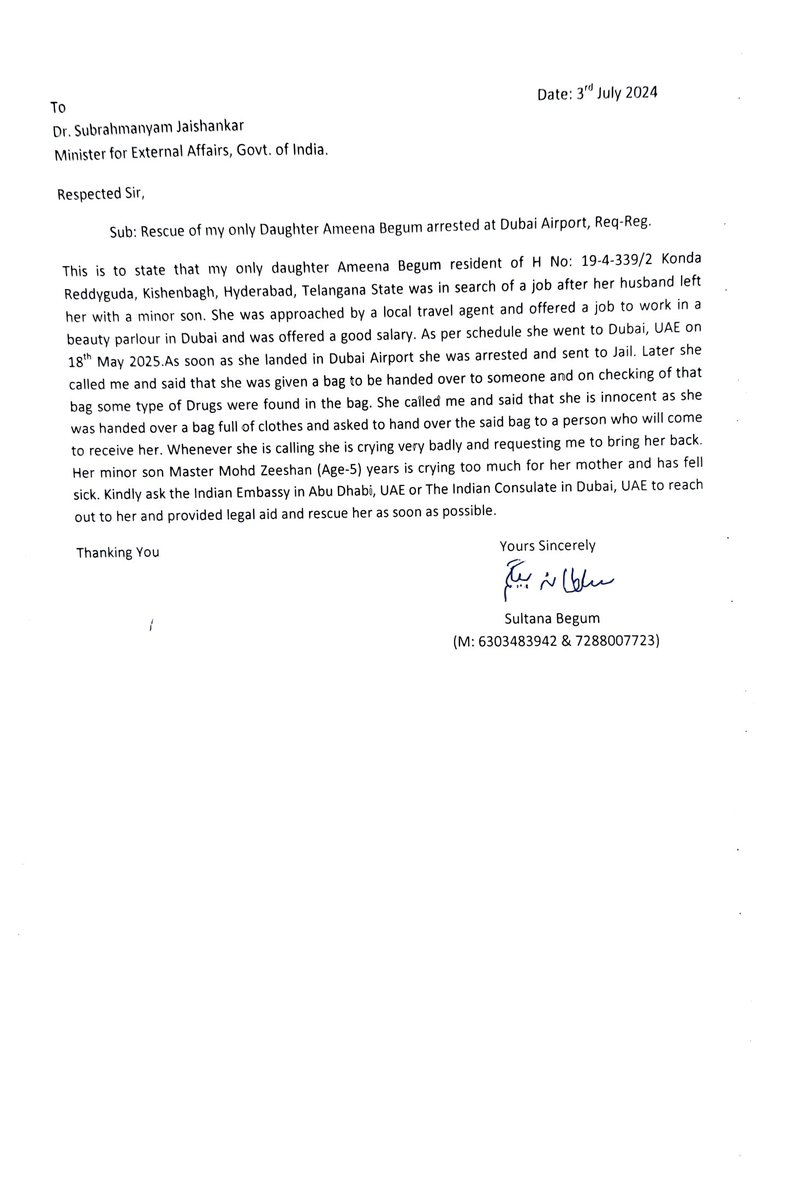 amjedmbt's tweet image. .@DrSJaishankar Sir, One Amena Begum from Hyderabad was in search of a job after her husband left her having responsibility of a minor boy, she was offered a job to work in a beauty parlor in Dubai, UAE with a good salary. As per plan she went to Dubai on 18th May 2025 and was…