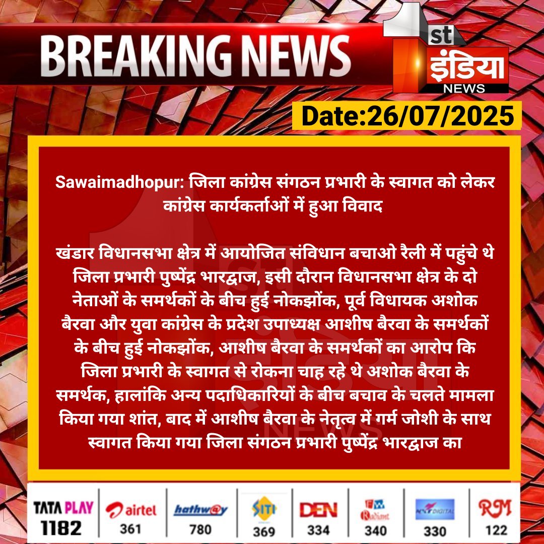 1stIndiaNews's tweet image. #Sawaimadhopur: जिला कांग्रेस संगठन प्रभारी के स्वागत को लेकर कांग्रेस कार्यकर्ताओं में हुआ विवाद
खंडार विधानसभा क्षेत्र में आयोजित संविधान बचाओ रैली में पहुंचे थे जिला प्रभारी पुष्पेंद्र भारद्वाज, इसी दौरान विधानसभा क्षेत्र के....
#RajasthanWithFirstIndia #SawaimadhopurNews…