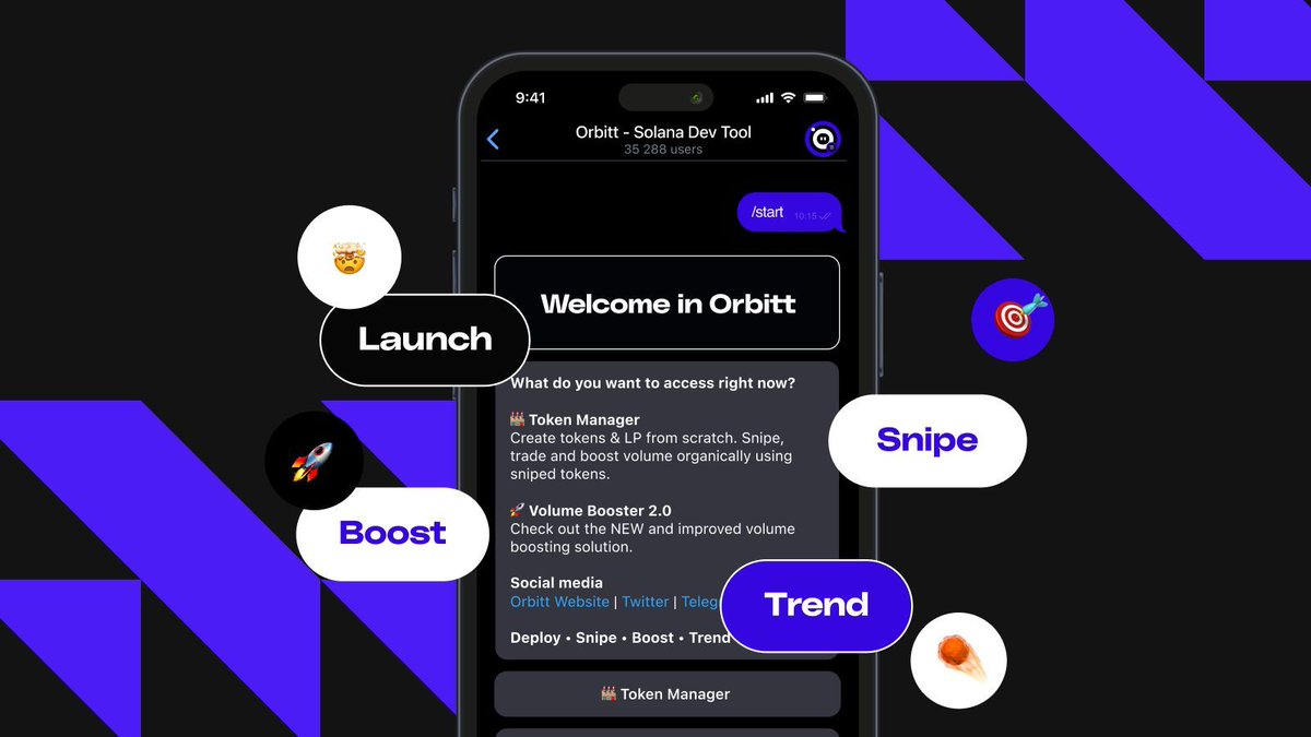 Sol devs, this one's wild.
You can now launch a token, control liquidity, manage volume &amp; trigger DexScreener trend
All from one Telegram bot.
It’s called <a href="/orbitt_ai/">Orbitt</a> 
No need to touch a line of code.
Just plug in, build, and deploy.
#ORBTchampion
Try it 👉 t.me/OrbittMM_1_bot