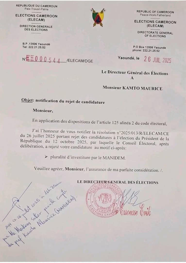 hippolytebtmeli's tweet image. Fin de la première manche!

&quot;Pluralité d&apos;investiture par le MANIDEM&quot;

C&apos;est le motif invoqué par Elections Cameroon  - Elecam pour rejeter la candidature du Pr Maurice KAMTO.