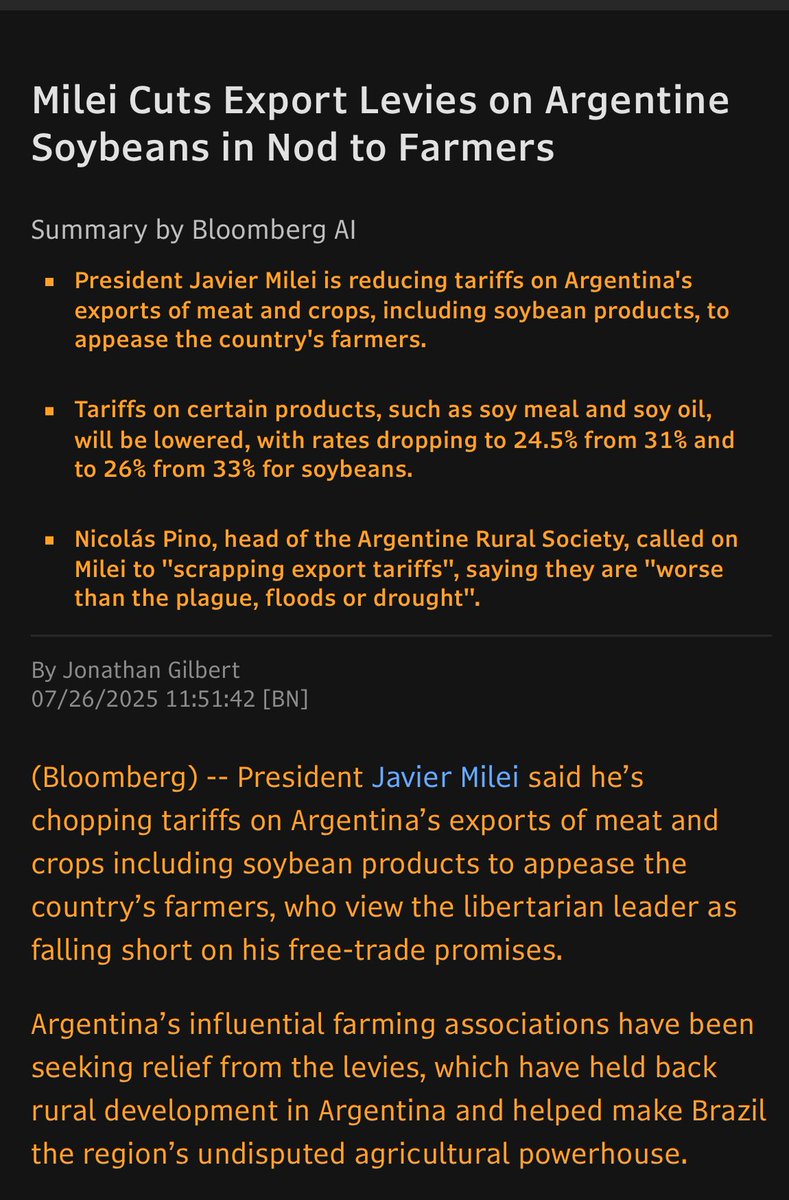 HTSCommodities's tweet image. Big moves in Argentina. Tariffs on soy meal and soy oil, Argentina is the top exporter, will fall to 24.5% from 31%. For #soybeans, the rate drops to 26% from 33%, and for corn to 9.5% from 12%. Several beef cuts will now be taxed 5% instead of 6.75%.#cattle