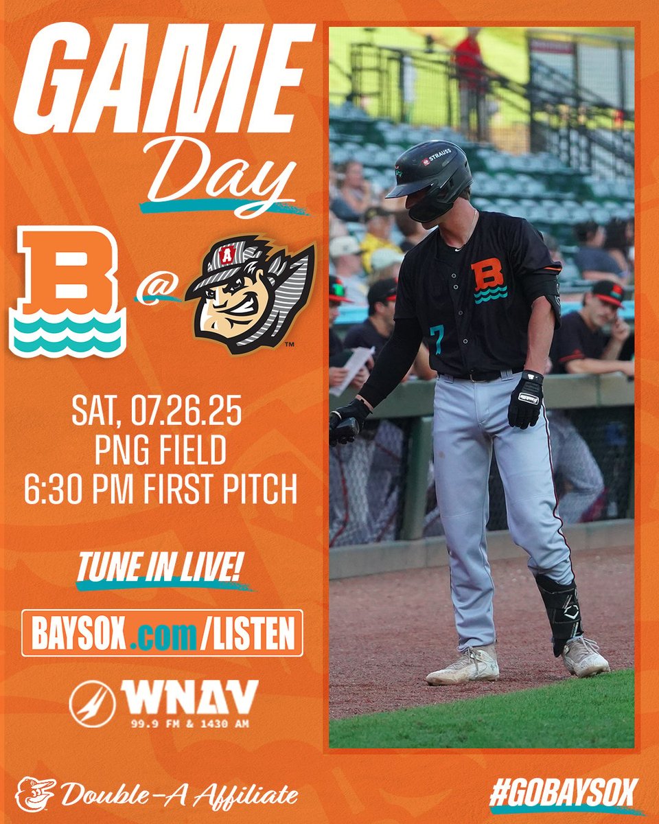 BaysoxOfficial's tweet image. Trying to clinch the series tonight!
⏰ 6:30 p.m. ET
📍 Peoples Natural Gas Field (Altoona, PA)
📻 hubs.ly/Q03z05pl0