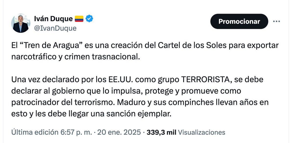 IvanDuque's tweet image. Celebro que EE. UU., a través del Departamento de Estado, haya designado al "Cartel de los Soles" como organización terrorista. Desde hace años hemos advertido sobre su estructura criminal liderada por la dictadura de Maduro.