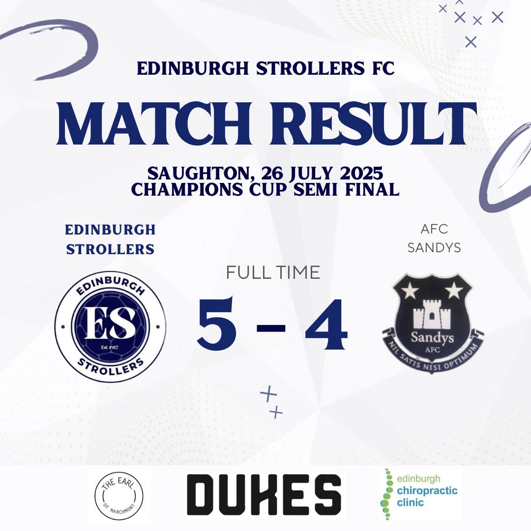 Edinburgh Strollers (@edinstrollersfc) on Twitter photo FT RESULT: Edinburgh Strollers 5-4 <a href="/AfcSandys/">Sandys Afc</a>
WOW!! What a performance from the team today. Going down to 10 men after 15 minutes and scoring 2 late goals to get ourselves into the cup final next week 🏆
<a href="/LeafaOfficial/">Official_LEAFA</a> <a href="/scottish_aff/">AmateurFixturesResultsSCO</a> <a href="/L1veAtTheAmmys/">Live At The Ammys</a>
🔵⚪️🔵⚪️ FT RESULT: Edinburgh Strollers 5-4 <a href="/AfcSandys/">Sandys Afc</a>
WOW!! What a performance from the team today. Going down to 10 men after 15 minutes and scoring 2 late goals to get ourselves into the cup final next week 🏆
<a href="/LeafaOfficial/">Official_LEAFA</a> <a href="/scottish_aff/">AmateurFixturesResultsSCO</a> <a href="/L1veAtTheAmmys/">Live At The Ammys</a>
🔵⚪️🔵⚪️