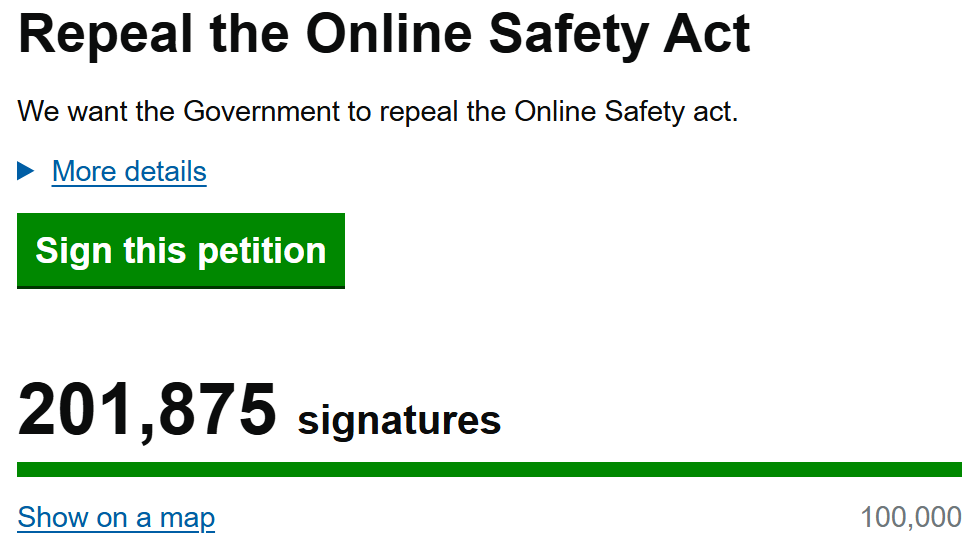 🚨200,000 BRITISH CITIZENS SIGN A PETITION TO REPEAL THE ONLINE SAFETY ACT

This act is draconian and totalitarian

Are you against it?