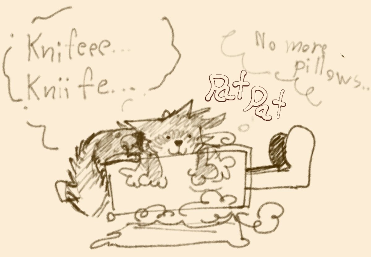 Solarskies_we's tweet image. This is what would happen if knjfe was turned into a cat for a day ( he scratched up the pillow suitcase was laying on, my poor girl )
#inanimateinsanity #Knifecase #OSC