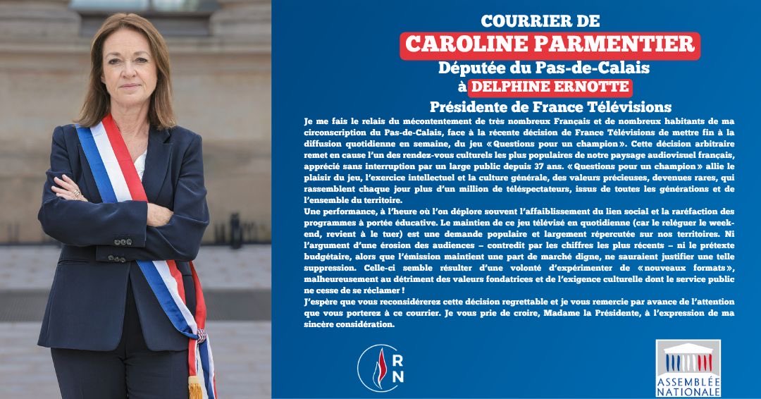 Parmentier_RN's tweet image. Non à l'éviction de Questions pour un Champion ! Pour une fois que le service public satisfait ceux qui le payent…Je me fais le relais de nombreux Français et habitants de ma circonscription(dont le club de Lorgies)en écrivant à Rachida Dati et à Delphine Ernotte⤵️