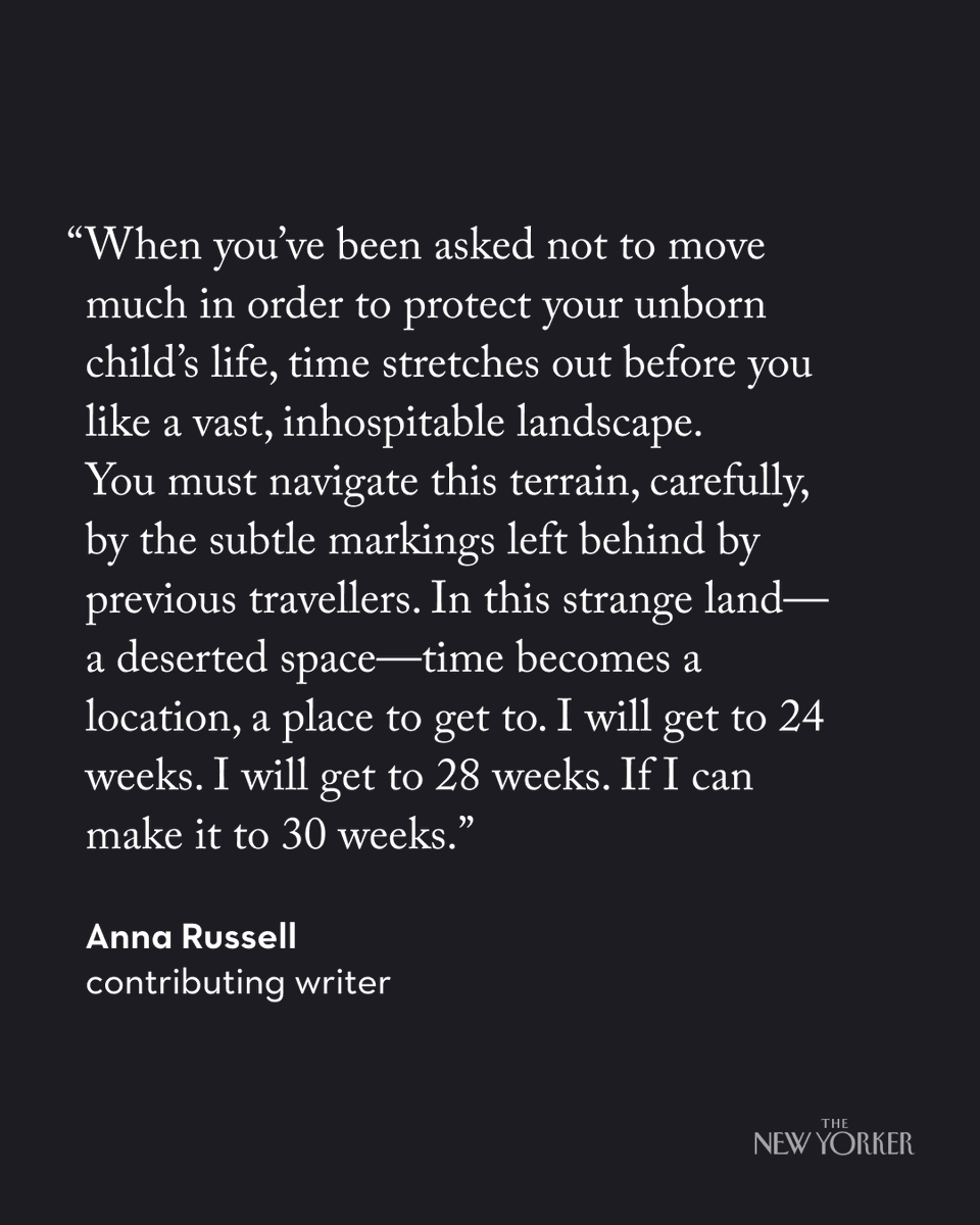 “Pregnancy is 40 weeks long, but it feels much longer on bed rest.” In a new Weekend Essay, Anna Russell writes about limiting her movement to protect a high-risk pregnancy. nyer.cm/rzS2Bv0