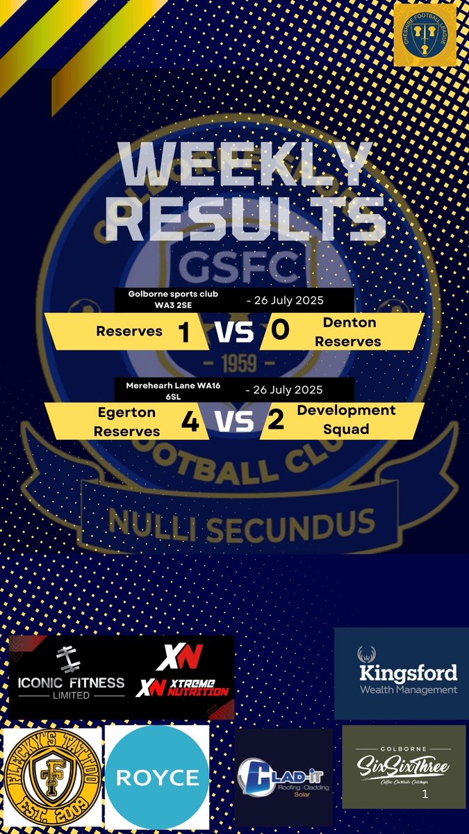 Golborne Sports FC (@golborne_fc) on Twitter photo Today's results from first game of the season. Mixed bag but two decent performances. First game in open age football for our development squad and held their own. Big season to come from both team. <a href="/dentontown_fc/">Denton Town FC</a> <a href="/EgertonFC/">Egerton FC</a> <a href="/CheshireFL/">Cheshire Football League ⚽️</a> #UTFG Today's results from first game of the season. Mixed bag but two decent performances. First game in open age football for our development squad and held their own. Big season to come from both team. <a href="/dentontown_fc/">Denton Town FC</a> <a href="/EgertonFC/">Egerton FC</a> <a href="/CheshireFL/">Cheshire Football League ⚽️</a> #UTFG