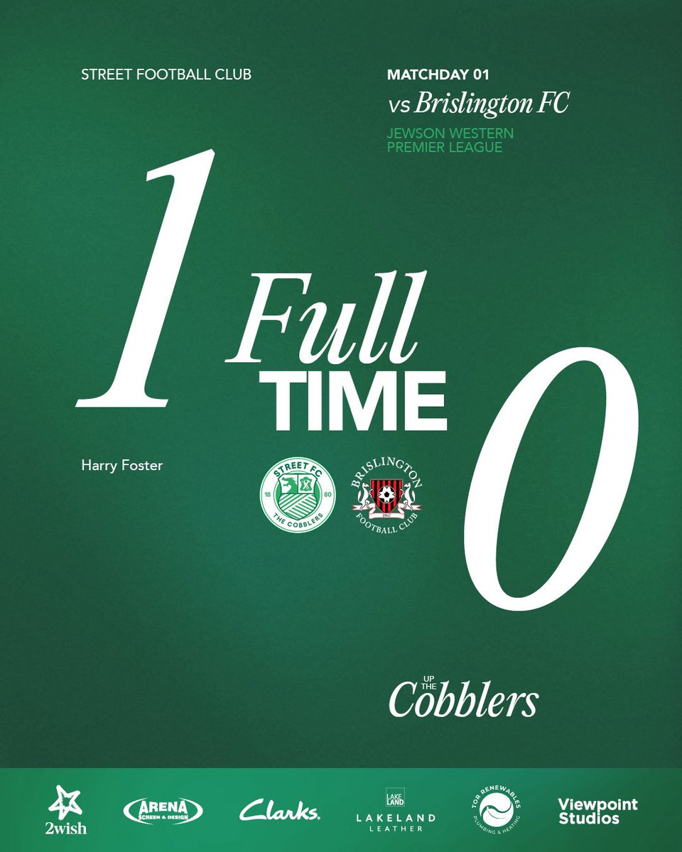FT: Street FC 1-0 Brislington FC

What a way to start the season! 3 points on a gloriously sunny day! Football is back! 

Next match home match is the FA Cup next Saturday! 

Up the Cobblers 💚🤍