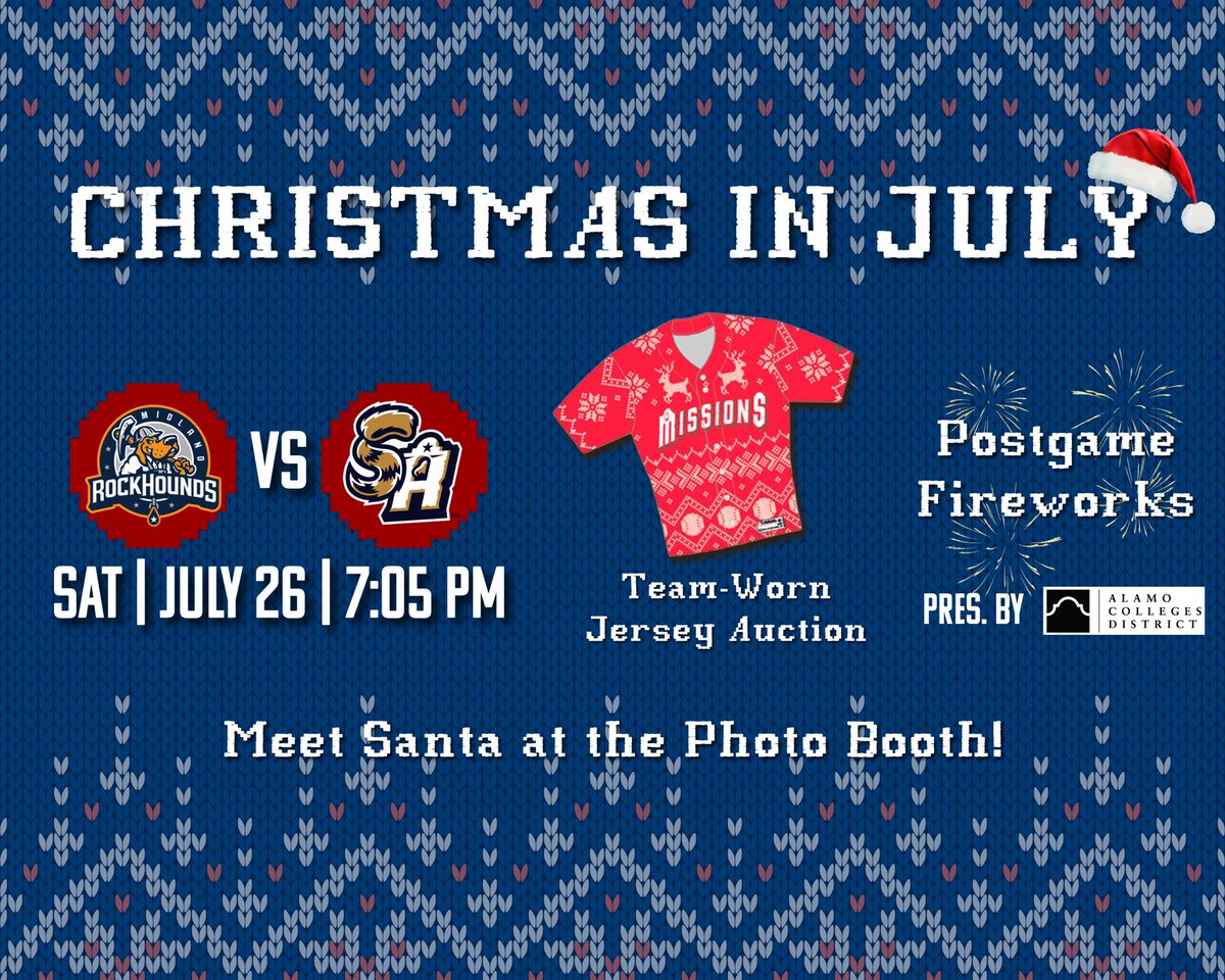 missionsmilb's tweet image. Christmas in July is at The Wolff tonight! 🎄
🆚 @RockHounds
🕖7:05 PM
🎅Watch Santa throw the first pitch & take a photo with him on the concourse
🎆Postgame Fireworks pres by @AlamoColleges1
🎁Bid on team-worn Christmas sweater jerseys
🎟️: bit.ly/3H0HG8t