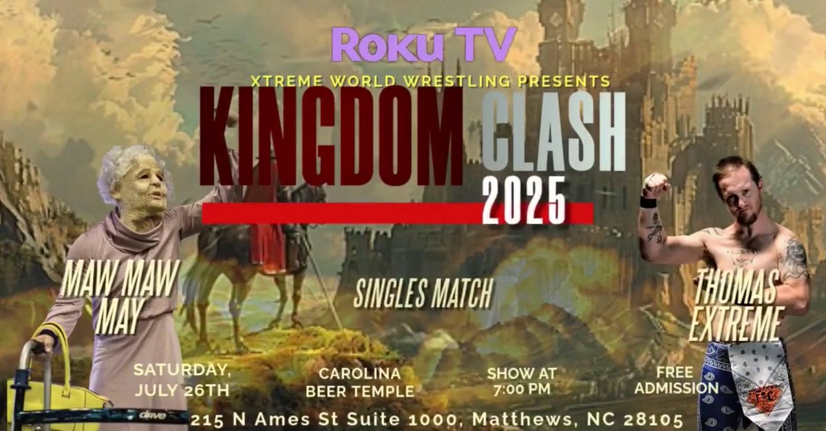 🔥 XWW MAKES ITS RETURN AT CAROLINA BEER TEMPLE! 🔥

 Kingdom Clash 2025 will be LIVE tonight July 26th at 7 PM – and you can witness it IN-PERSON for FREE!

📍 Carolina Beer Temple – 215 N Ames St Suite 1000, Matthews, NC 28105