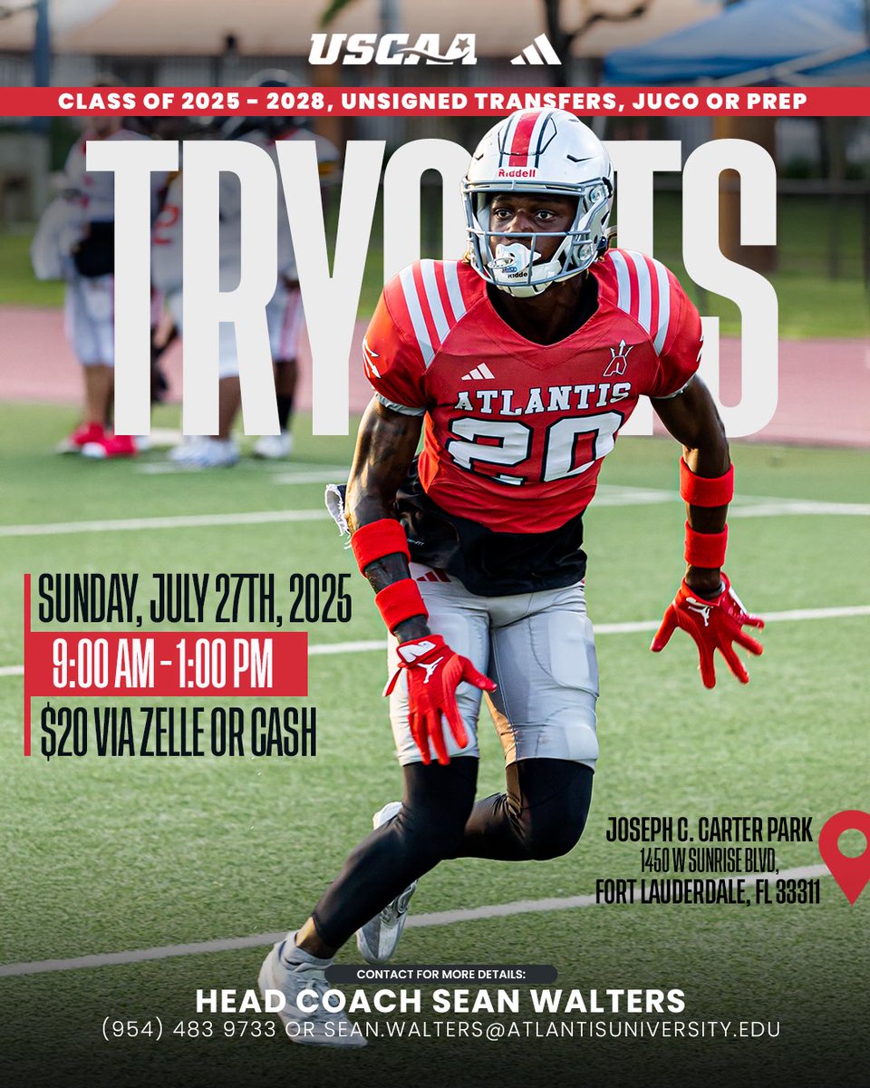 CoachJoeyy's tweet image. We are less than 24 hours away from the Atlantis Football prospect camp!!
Complete your online registration using this link prior to the camp date.
form.jotform.com/242785853080160
Check-In Time starts at 9AM
Camp Fee: $20 payment by Zelle or Cash due at check in time
#TridentsUp