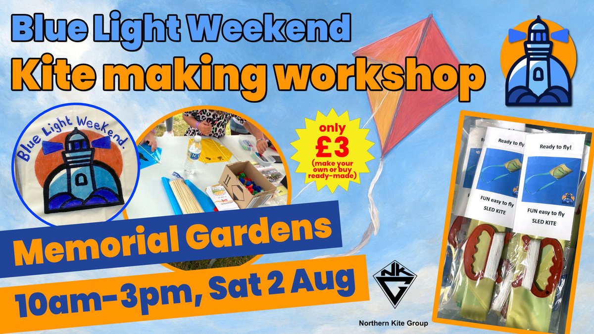 BlueLightWsea's tweet image. 🪁 Let your creativity take flight at Blue Light Weekend’s kite making workshop!
Join us in Memorial Gardens on Saturday, August 2, between 10am and 3pm, where you can make your own kite or buy a ready-made one – just £3 each! ✂️🎨✈️
Supported by the Northern Kite Group.