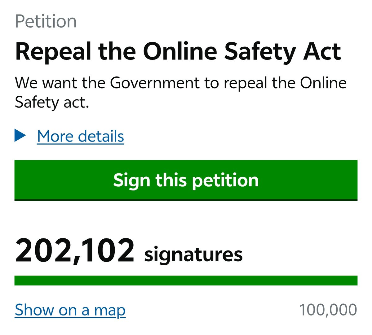 🇬🇧🗳️ BREAKING: Petition to Repeal the Online Safety Act has smashed 200,000 signatures in less than 24 hours.

The act coming into force has caused widespread chaos on the internet.

 petition.parliament.uk/petitions/7229…