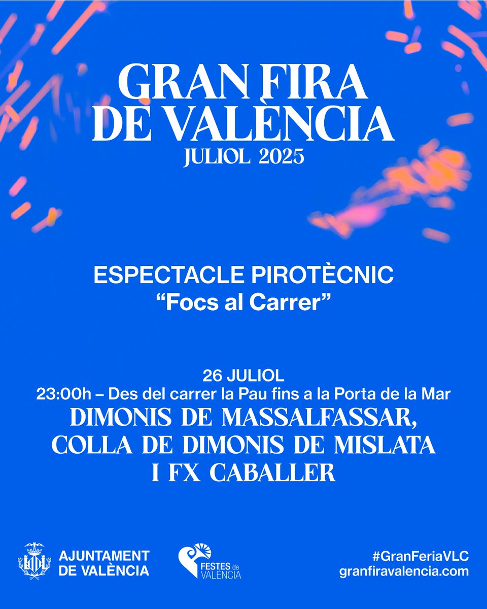 AjuntamentVLC's tweet image. 💥Nit de #GranFiraVLC amb els tradicionals #FocsDeLaFira!🔥
▶️ Hui #correfoc de 🧨Dimonis de #Massalfassar, Colla de Dimonis de #Mislata i #CaballerFX
📍 Carrer la Pau-Glorieta-Palau de justícia i Porta de la Mar
⏰23h
🙌 T'esperem!