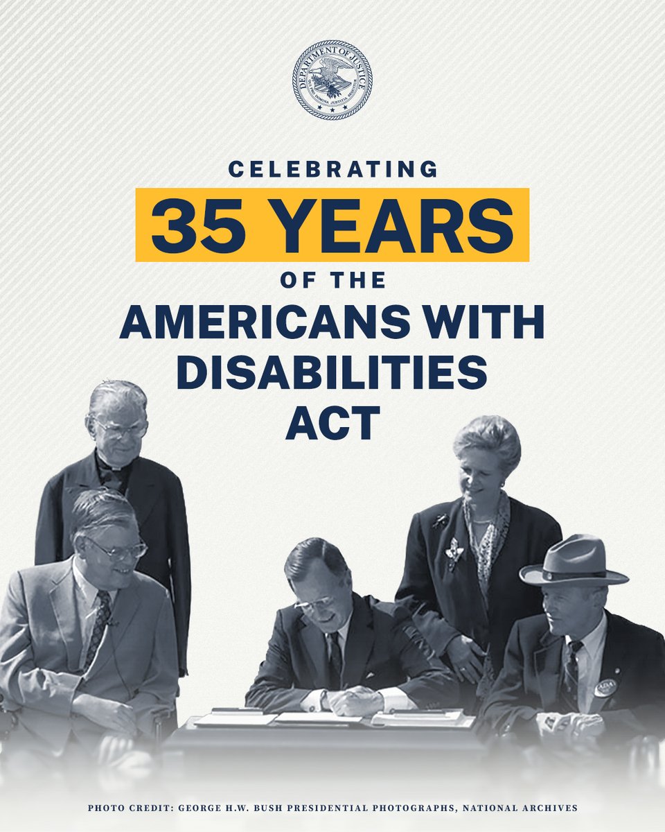 DOJ Civil Rights Division (@civilrights) on Twitter photo Today marks the 35th anniversary of the Americans with Disabilities Act— a landmark civil rights law that prohibits discrimination against people with disabilities in everyday life. <a href="/TheJusticeDept/">U.S. Department of Justice</a>’s Civil Rights Division is proud to enforce this vital law. Today marks the 35th anniversary of the Americans with Disabilities Act— a landmark civil rights law that prohibits discrimination against people with disabilities in everyday life. <a href="/TheJusticeDept/">U.S. Department of Justice</a>’s Civil Rights Division is proud to enforce this vital law.
