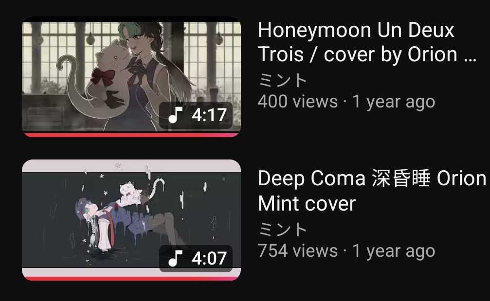 OrionMintVT's tweet image. Sometimes I see the view count of these 2 covers slowly going up and I think "eh? People still find and listen to this?" It makes me really happy to think that some people took the time to listen to me sing 🥹