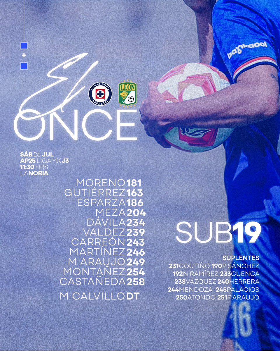 AzulBasicas's tweet image. Este es EL ONCE con el que saldrá Cruz Azul Sub19 ante su similar de León.
🚂 vs 🦁 inicia en unos minutos en La Noria.