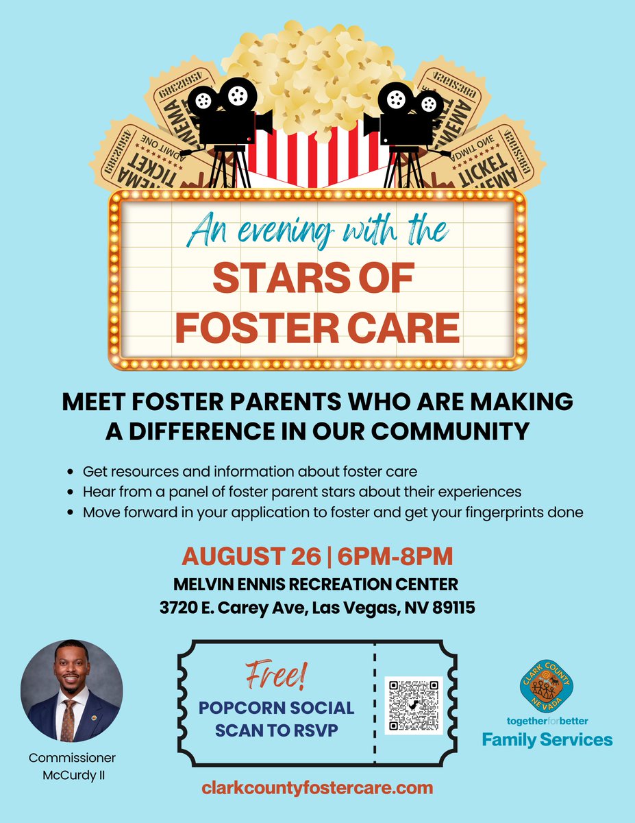 CommishMcCurdy's tweet image. 🎬🍿 Join us for An Evening with the Stars of Foster Care on August 26 from 6–8PM at the Melvin Ennis Rec Center! Hear inspiring stories, get resources, and take the next step to becoming a foster parent. Free popcorn social! RSVP: bit.ly/4eOsacr