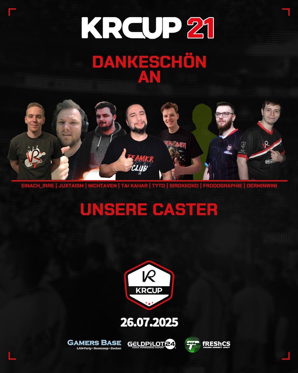 [ KRCup #21 ]

Wir sagen wir jedes Mal

!!! D A N K E !!! 

an unsere Caster des KRCups #21

<a href="/einfach_iRRe/">seba // einfach_iRRE</a> - <a href="/juxtaism/">Juxtaism</a> - <a href="/NichtAven/">Aven oωo</a> - <a href="/TaiKahar/">Tai Kahar</a> - <a href="/Philipp_Tyt0/">Tyt0</a> - <a href="/Sirokkoko/">Sirokko Ko</a> - <a href="/frodographie/">Uwe frodographie F.</a> - <a href="/derMiniwini/">derMiniwini</a> 

---
<a href="/fREShCS1/">fREShCS</a> | <a href="/GELDPILOTeSport/">GELDPILOT24 eSport</a> | <a href="/GamersBaseBC/">Gamers Base</a>