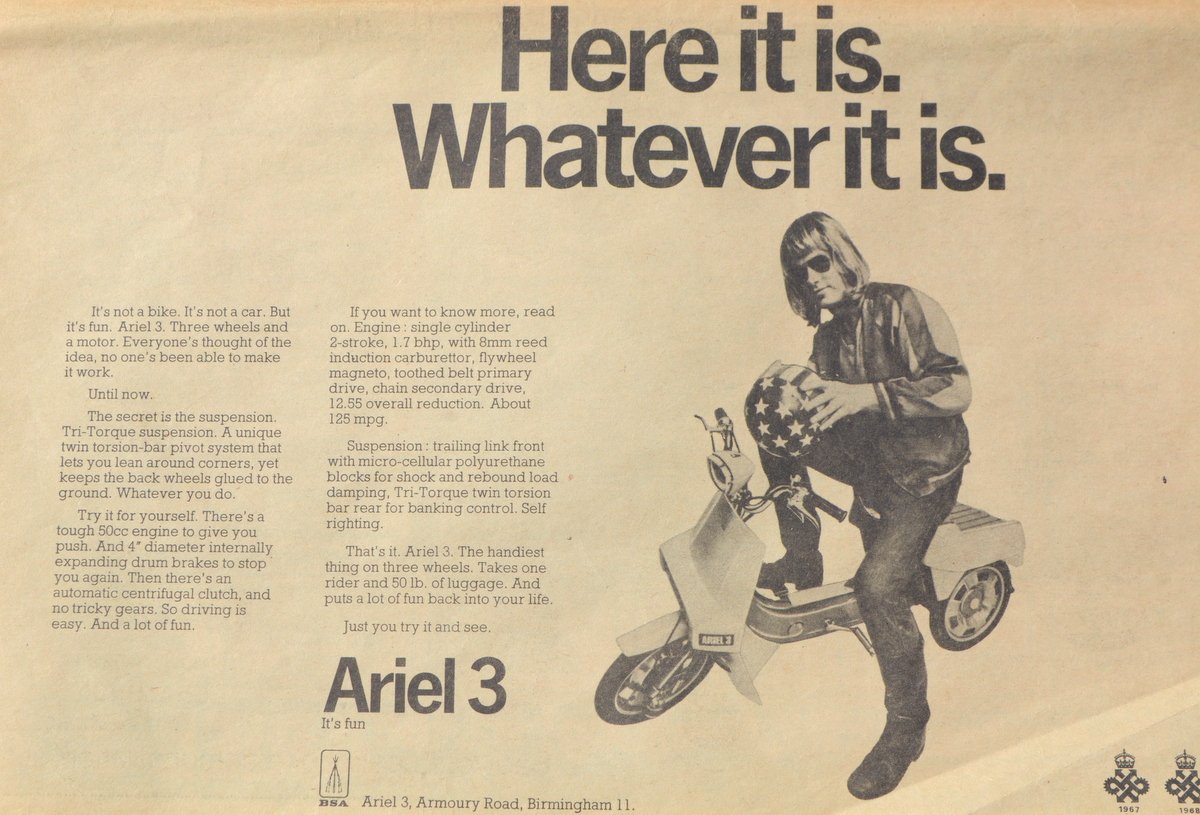 jeracerx's tweet image. My friend BoostandEthanol just alerted me to the best ad campaign I've ever seen:
The BSA Ariel 3