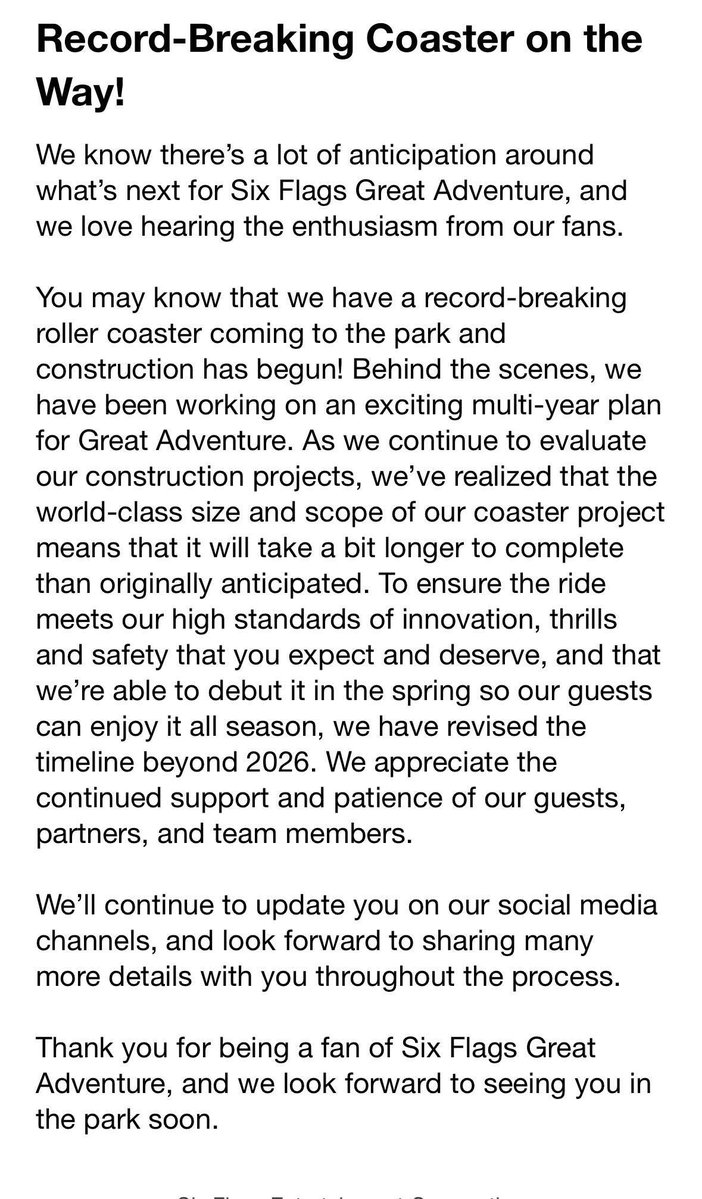coasterstudios's tweet image. Six Flags Great Adventure has confirmed the Kingda Ka replacement has been delayed to (presumably) 2027. Holiday in the Park will also not be returning.
Sad about both, but understand and appreciate the transparency.
