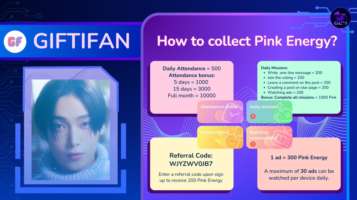code624team's tweet image. [🗳] 250727 • GIFTIFAN

Let&apos;s start collecting on GIFTIFAN now! 

✅ Claim attendance 
✅ Complete daily, weekly &amp;amp; monthly missions
✅ Watch all 30 ads daily

🗒 REFERRAL CODE: WJYZWV0JB7

#선우 #SUNOO #ENHYPEN_SUNOO #엔하이픈_선우 #엔하이픈 #ENHYPEN