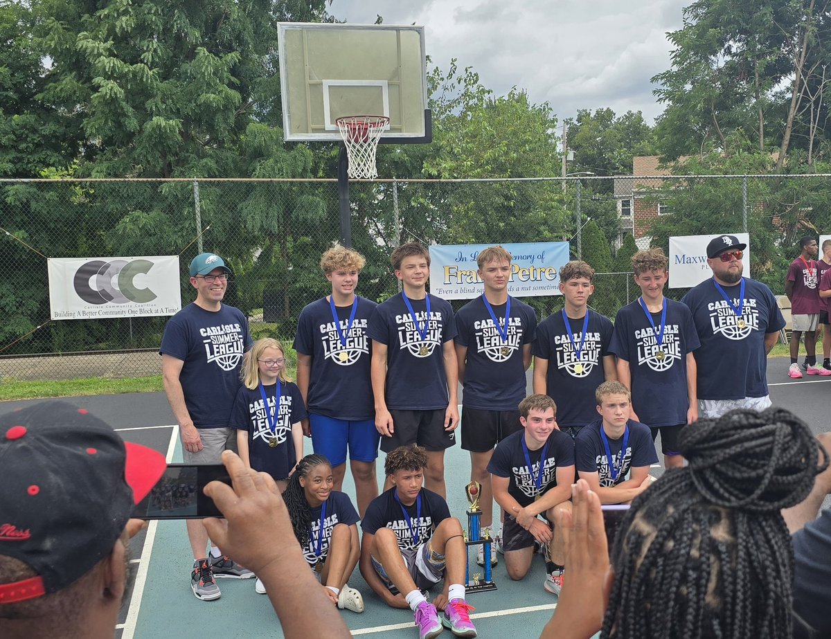 ByTimGross's tweet image. Sadis, Schultz &amp;amp; Fisher poses for parent pictures after defeating DG Foundations 48-36 for the Carlisle Summer League&apos;s 14U title.