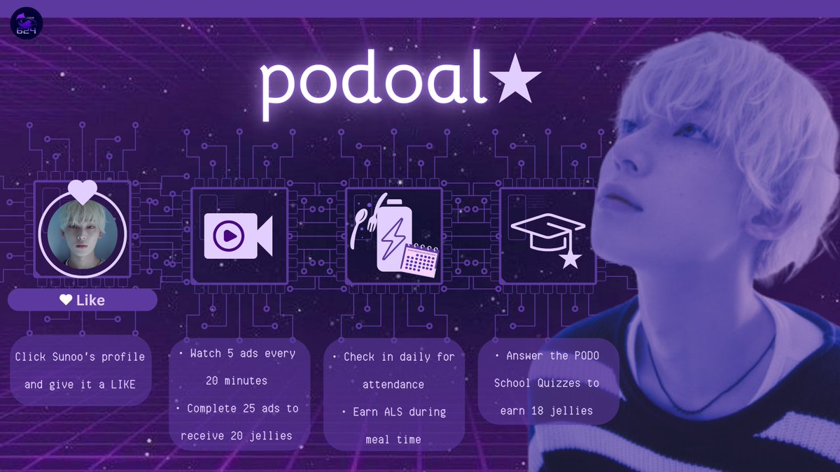 code624team's tweet image. [🗳] 250727 • PODOAL

⏰ It&apos;s RESET time! Log in to your accounts and claim the attendance ALs. 

Collect more ALS and jellies daily as we prepare to make Sunoo&apos;s Birthday poll a sweet celebration! 

Referral Code: 85X99Z

#엔하이픈_선우 #김선우 #선우 #ENHYPEN_SUNOO @ENHYPEN